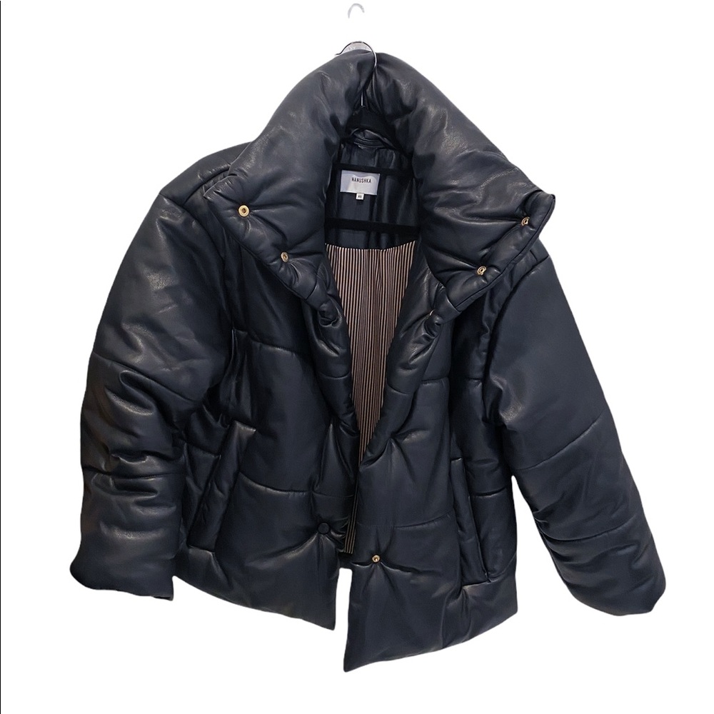 Nanushka Vegan Leather Winter Puffer: Navy